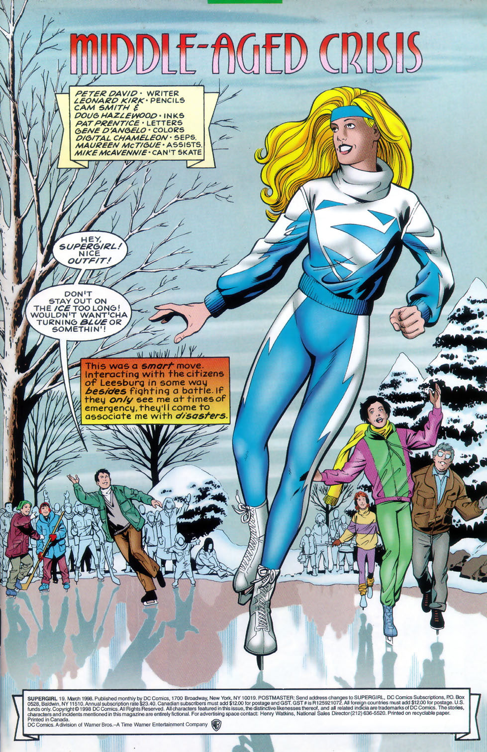 Supergirl skating in a white and blue outfit