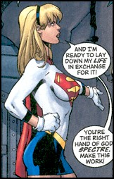 An older looking Supergirl in a long white top and blue skirt