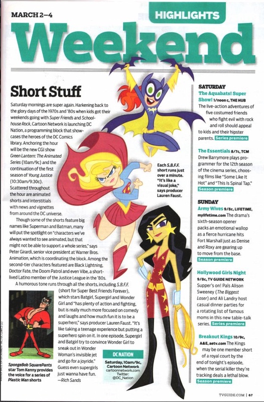 scan of TV Guide interview with Lauren Faust, featuring cartoon images of Supergirl, Batgirl, Wonder Girl