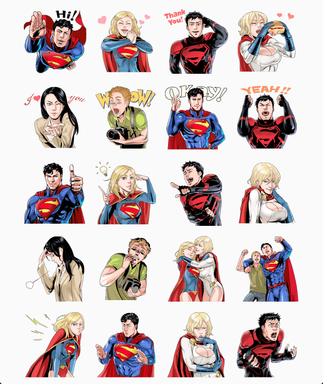 Superman, Lois Lane, Supergirl, Power Girl, Superboy and Jimmy Olson virtual phone stickers